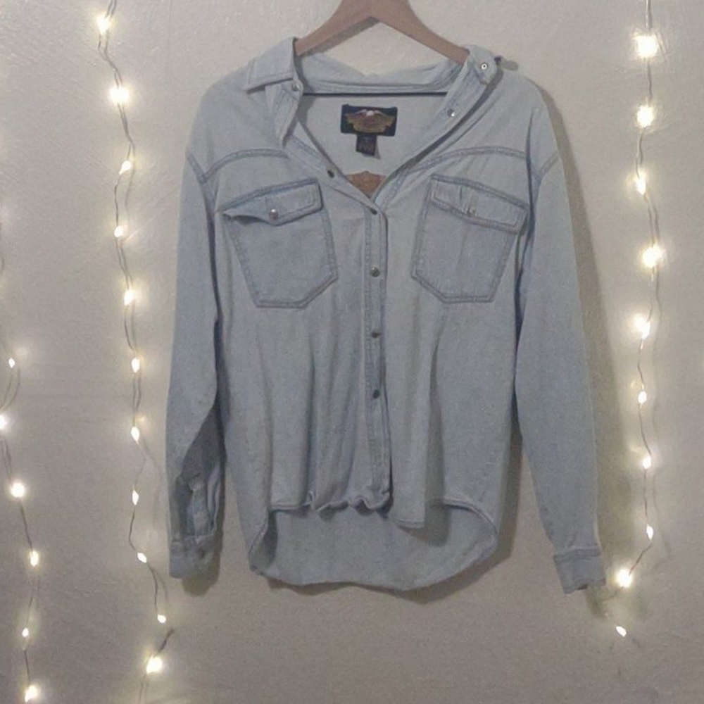 Y2K HARLEY DENIM SHIRT Y2K EMBROIDERED 100% COTTON TRIBAL MEDIUM